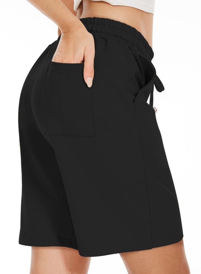 TARSE Women's Bermuda Shorts Drawstring Long Cotton Loose with Pockets Knee Length Shorts Yoga Casual Walking Exercise Shorts(Black,S) - Image 3